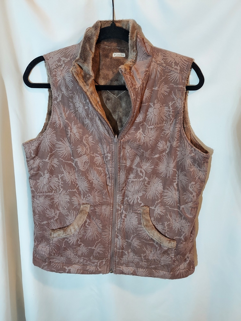 Columbia Reversible Corduroy & Faux Fur Floral Vest Brown M
